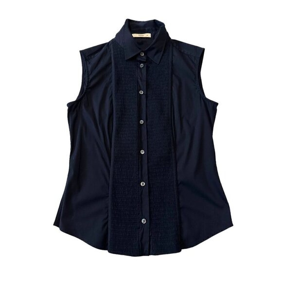 Prada Dark Blue Sleeveless Button Down Shirt, Size 44 Italy, stretch - Picture 5 of 15